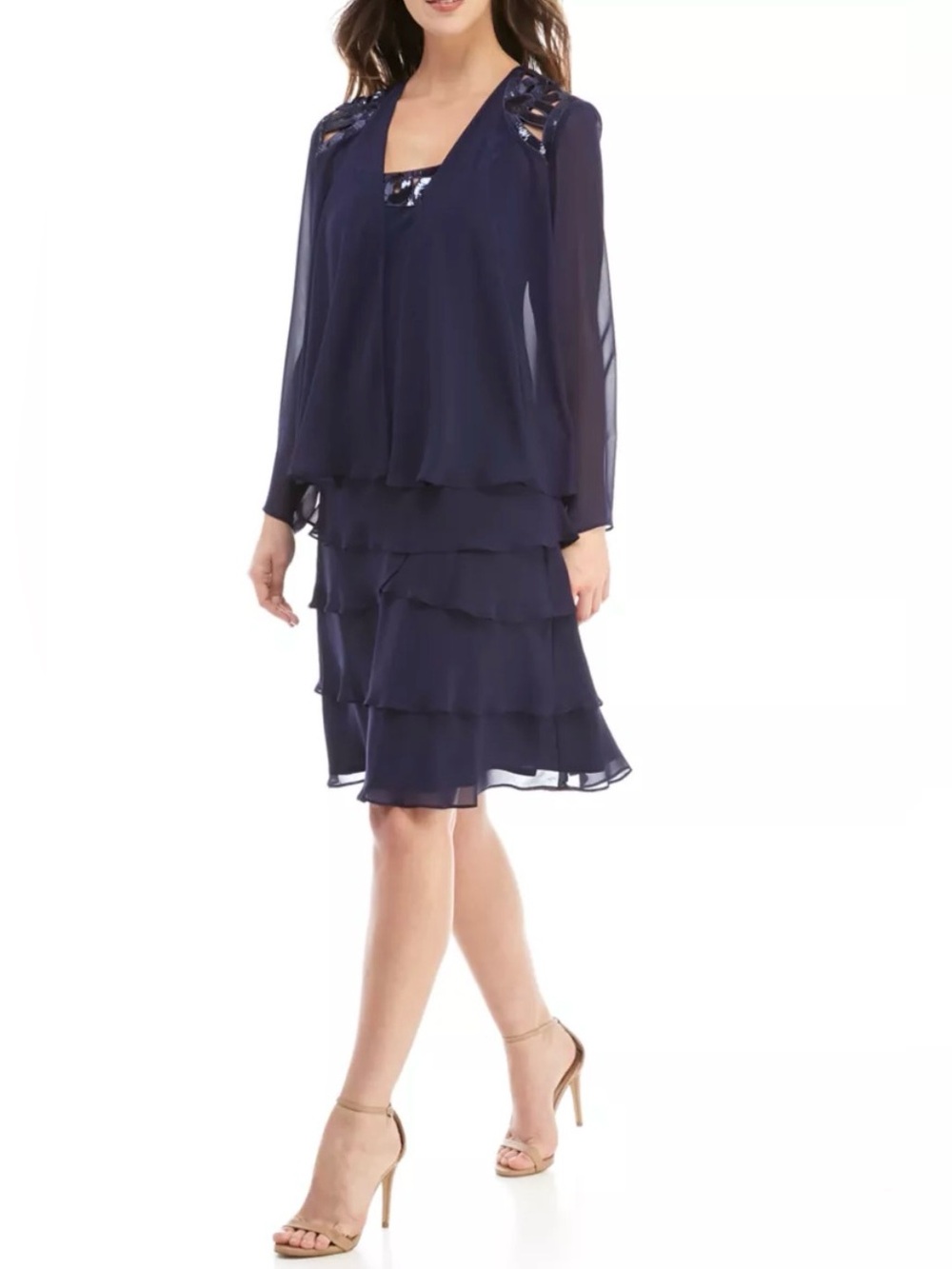 SLNY Navy Long-Sleeve Tiered Chiffon Dress